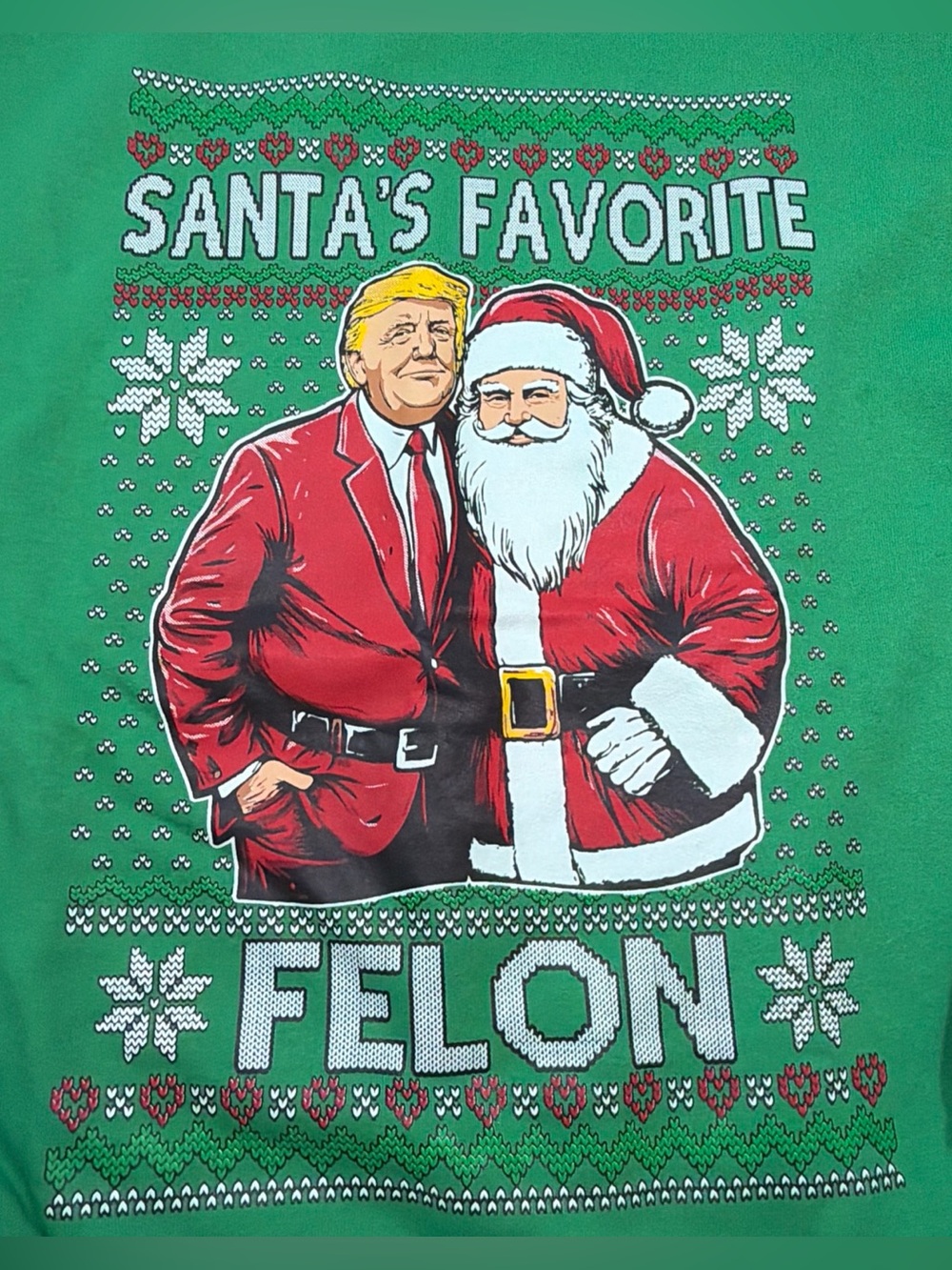 Trump “Santa’s Favorite Felon” Funny Ugly Green Christmas Sweater Sweatshirt MED